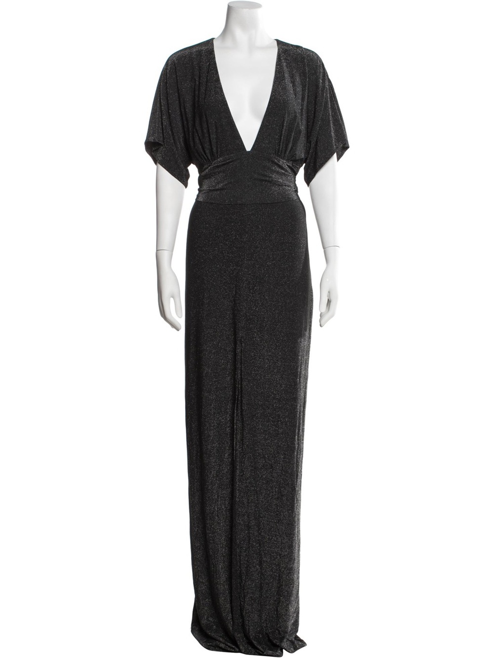 Plunging V-Neck Metallic Black Evening Gown
